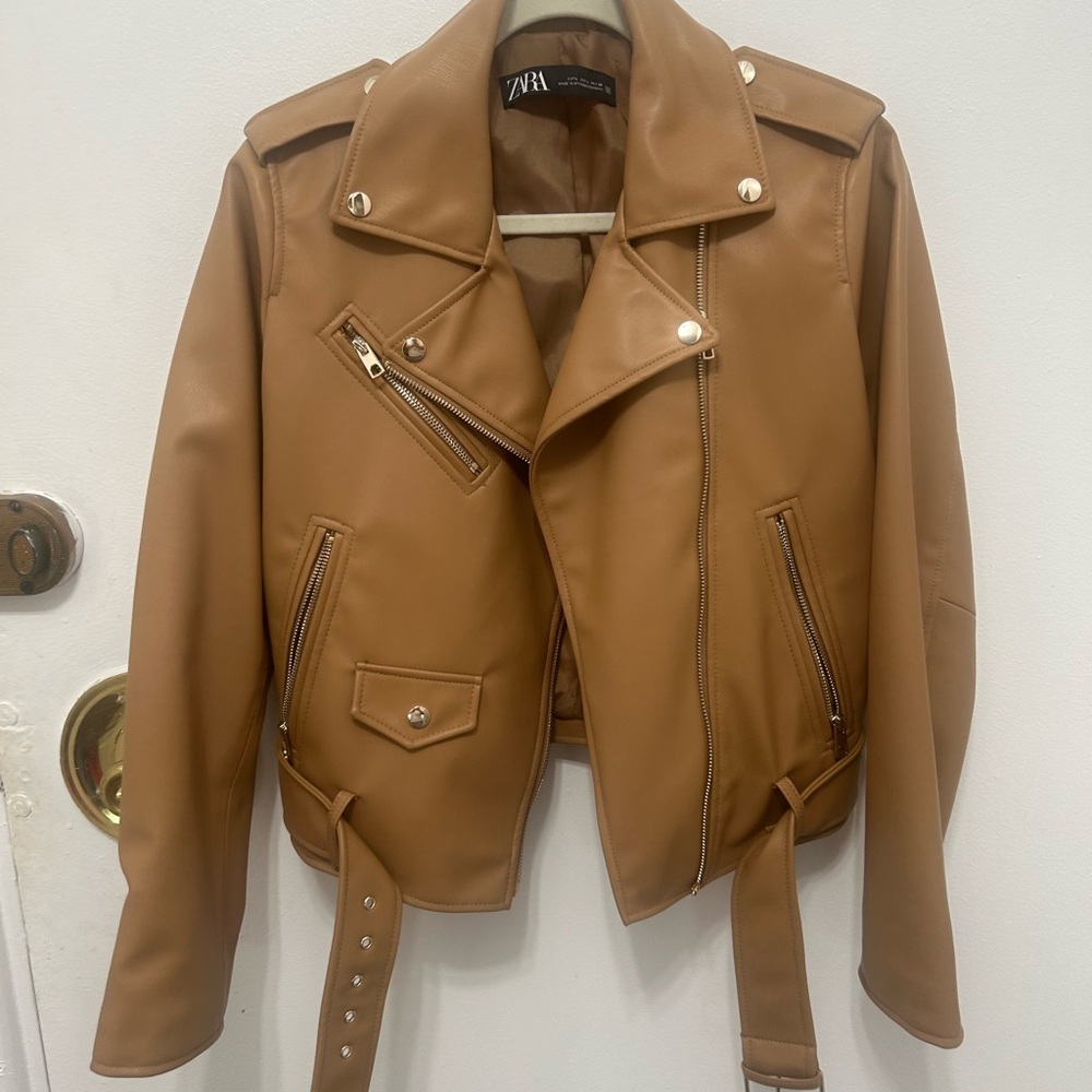 Zara Camel Leather Biker Jacket